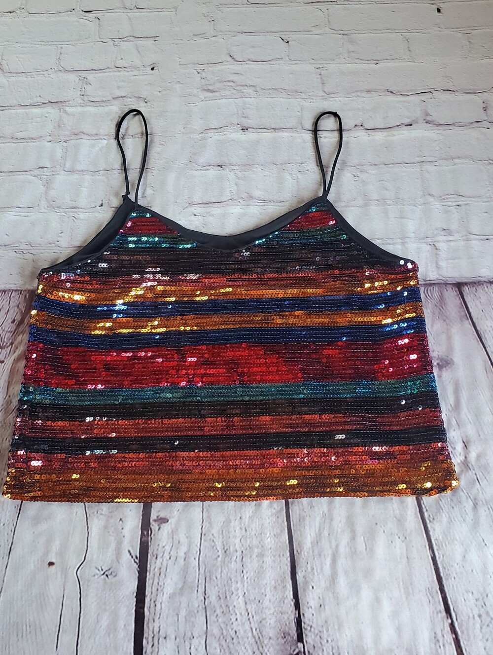 WAYF Sequin Stripe Cami Crop Top Retro Disco Multicolor Spaghetti Strap Festival